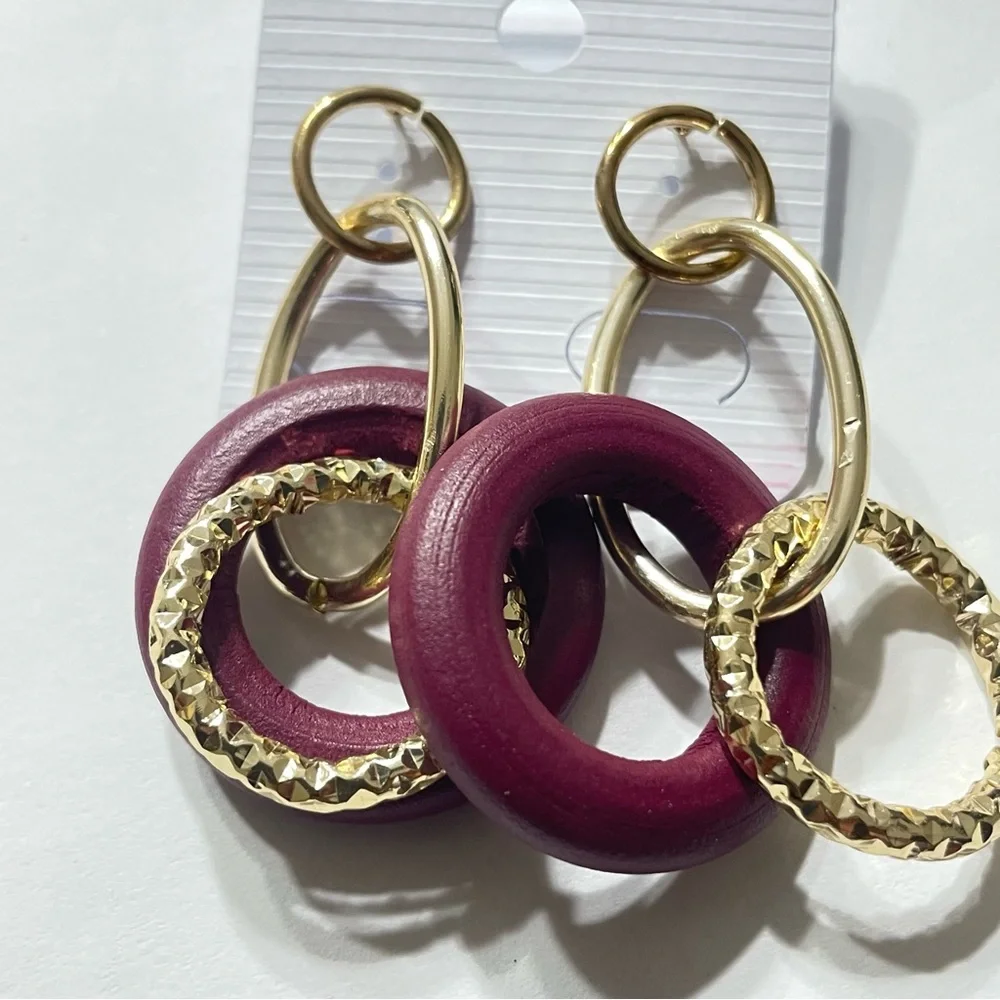 Multi-Shape Colorful Wooden with Gold-Tone Dangle Earrings, Push Back Closure - Picture 7 of 13
